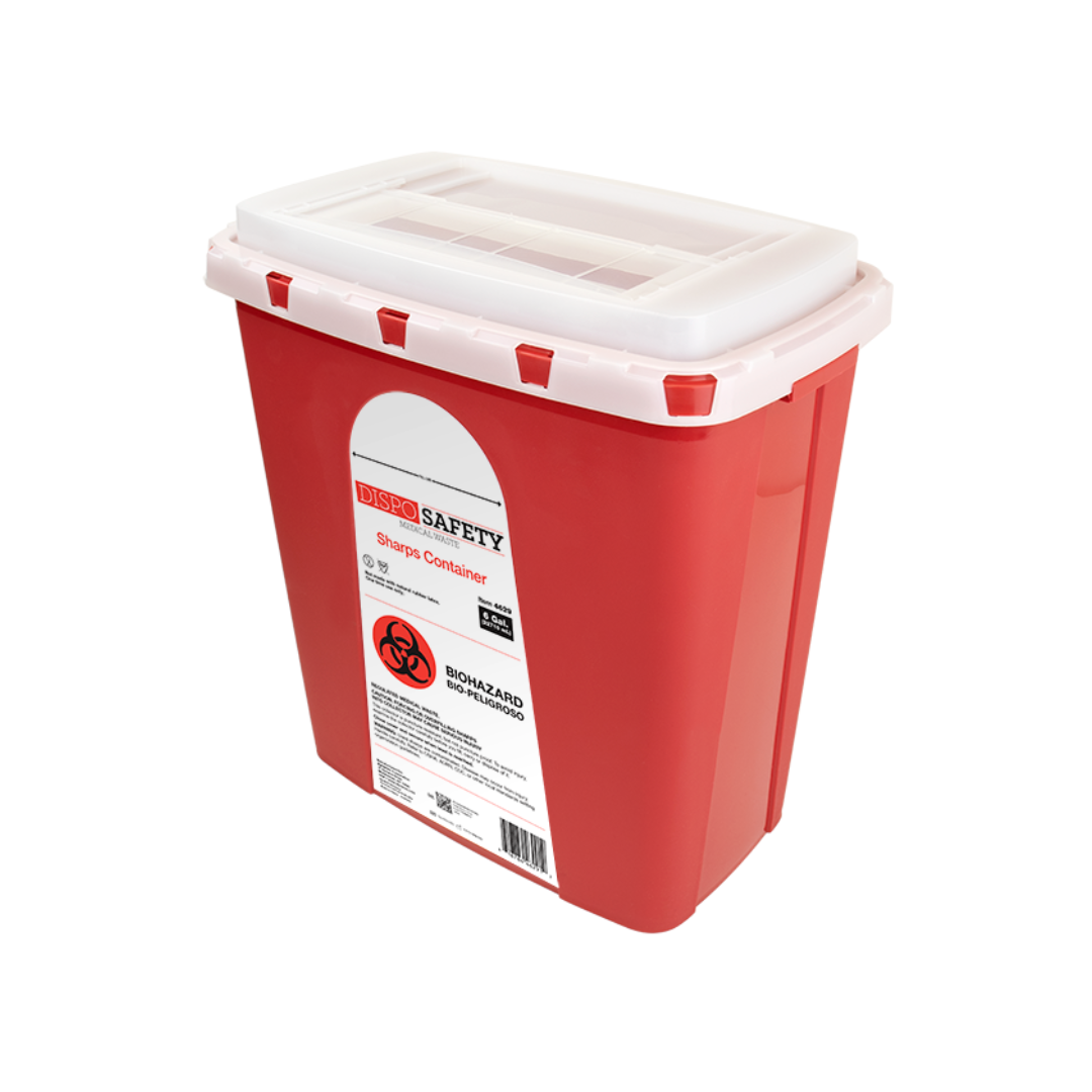 The Dynarex Sharps Containers are red plastic units with white secure lids for safe sharps disposal, featuring a clear biohazard warning label on the front for added safety.